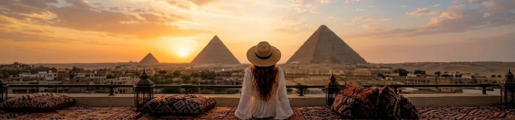 Traveler in a white dress and straw hat on a rooftop terrace, looking out at the Giza pyramids during a golden sunset