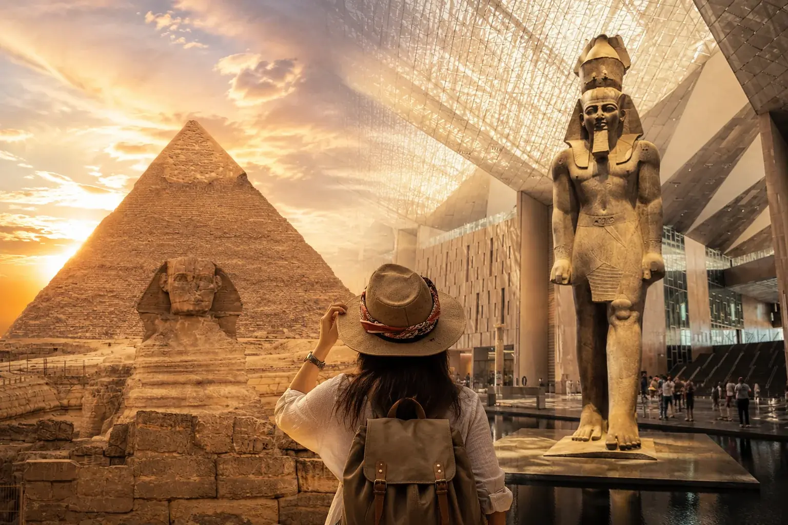 Traveler viewing the Khafre pyramid and Sphinx beside the colossal Ramses statue
