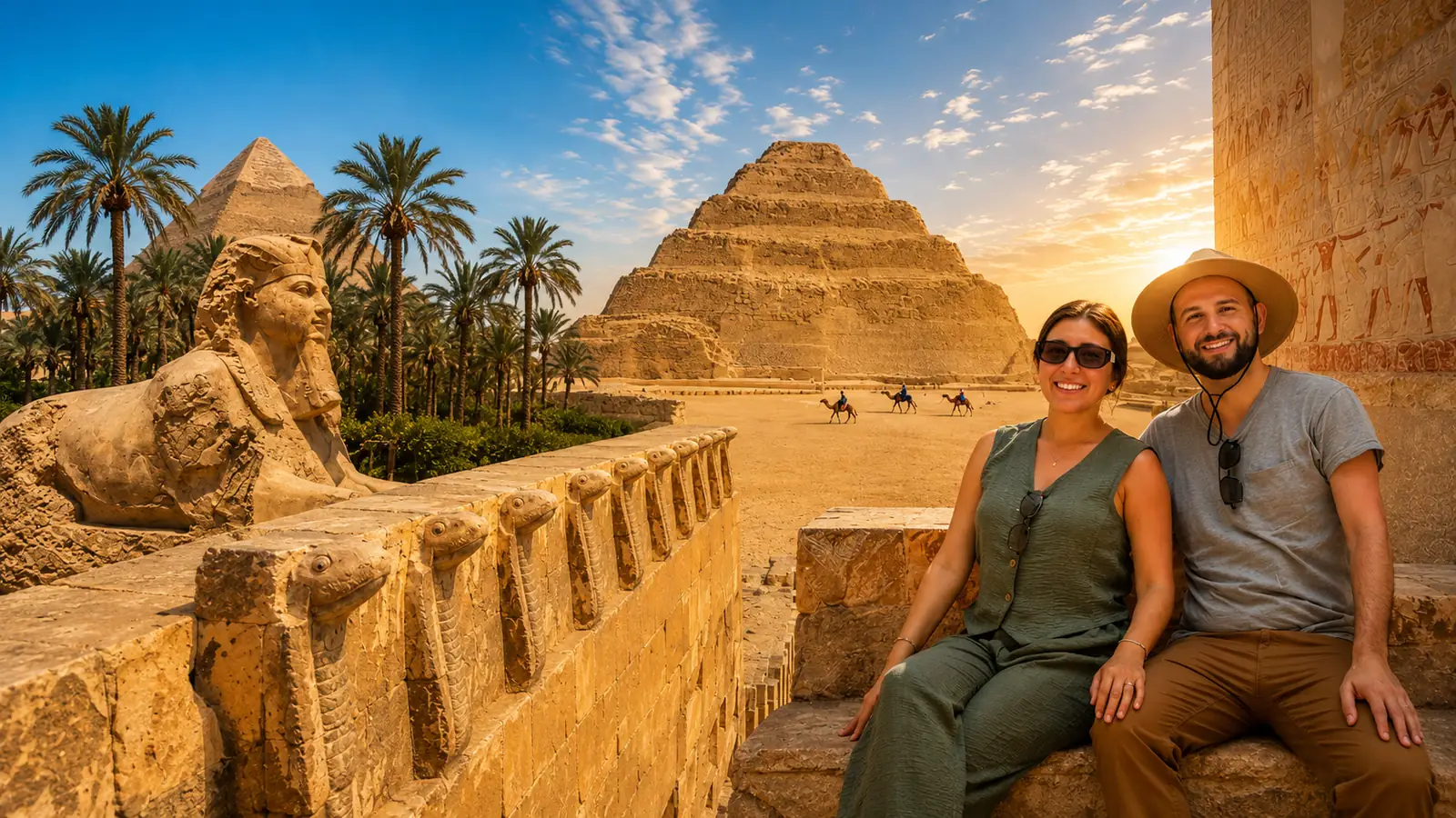 Couple at Saqqara with the Step Pyramid of Djoser